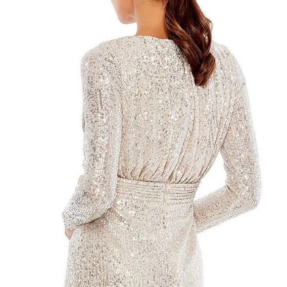 Ieena Mac Duggal Sequin Evening Gown White Champagne Leg Slit Size 16 - Picture 10 of 11